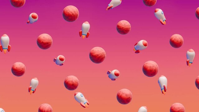Colorful space rockets and red planets on a vibrant gradient background