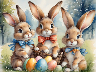 Three Adorable Easter Bunnies with Colorful Eggs