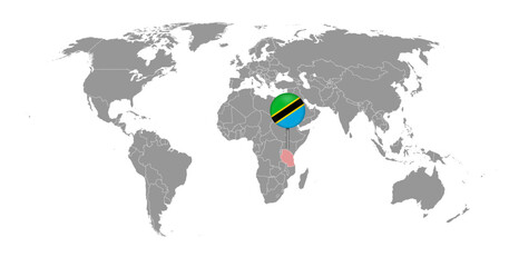Pin map with Tanzania flag on world map. Vector illustration.