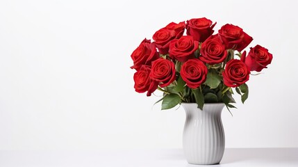 Red roses in a vase, on a white background. Place for text.white wall