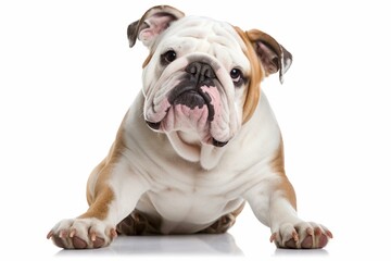 Bulldog saying hello with paw – transparent background – retouched image. Generative AI - obrazy, fototapety, plakaty