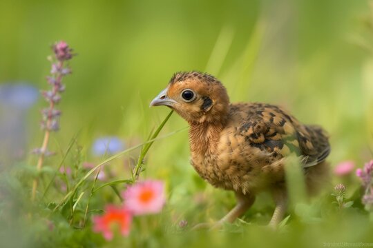 Cute pheasant chick discovering flowery meadow. Generative AI