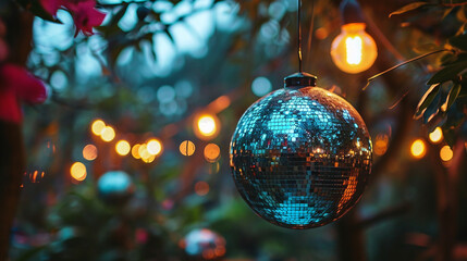Fototapeta na wymiar Light up disco ball hanging beautiful dark night party