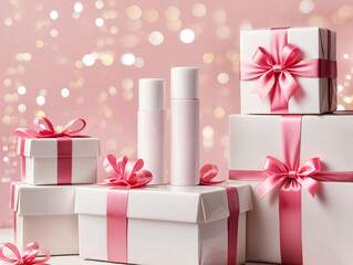 Festive cosmetic mockup illustration. Light pink plastic bottles standing on pile of gift boxes with pink ribbons. Illustration for St. Valentine, birthday, anniversary holiday.