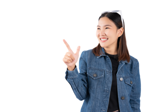 Beautiful young Asian woman pointing up to copy space looking at blank space with smile face Happy Pretty girl act like a satisfied product, use for advertising with isolated on white background