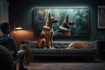 A pair installs artwork in their lounge as their pet observes them attentively. Generative AI