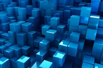 Translucent blocks arranged precisely on a blue tech wallpaper. Generative AI - obrazy, fototapety, plakaty