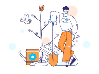 Flat character vector concept operation hand drawn illustration of planting trees on Arbor Day in spring
