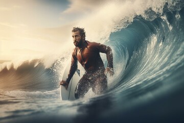 A playful 3D Gaulois surfer catching waves. Generative AI