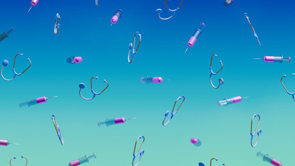 Medical equipment: syringes and stethoscopes floating against a green-blue gradient background. 4K High-quality 3D illustration