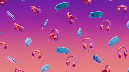 Colorful gaming controllers and headphones floating on a gradient purple-orange background.