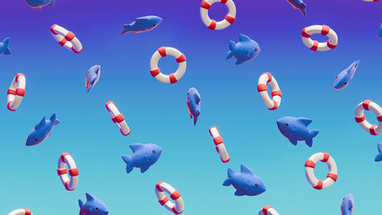 Blue fish and lifebuoys on a vibrant purple-blue gradient background