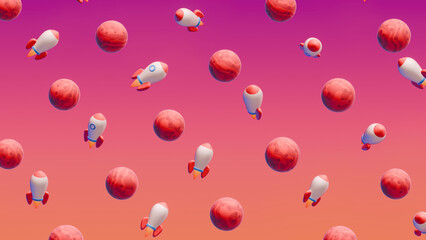 Colorful space rockets and red planets on a vibrant gradient background