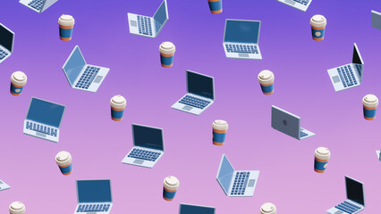 Laptops and takeaway coffee cups on a gradient purple background.