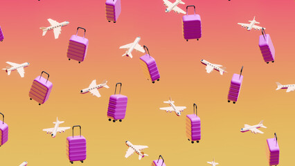 Travel white airplanes and purple suitcases floating on a gradient background.