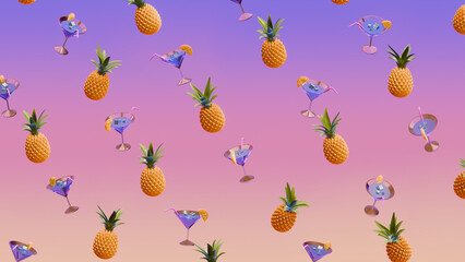 Vacation pineapples and cocktails on a  purple-pink gradient.