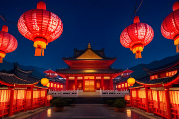 chinese temple at night,Chinese red Lanterns in temple, happy Lunar New Year holiday. estivities Photograph of Chinese new year 
