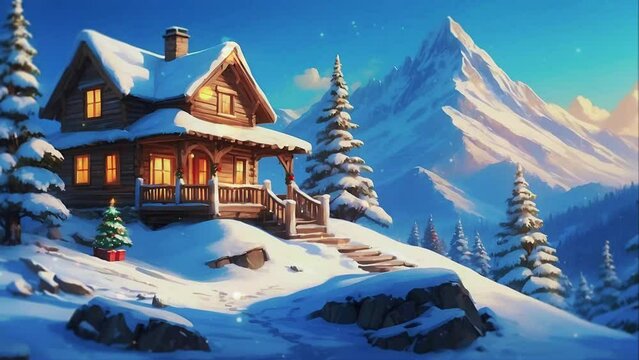 Natural winter landscape in the mountain, log cabin with snow fall, snowstorm animation