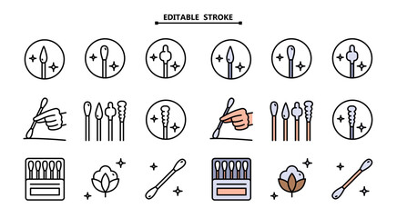 Cotton buds color icons set. Editable stroke. Vector illustration from make up collection. Cotton plastic stick icon. Simple symbol for use on web and mobile apps, logo, print media.