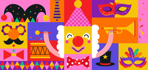 Carnival background with masks, clowns, musical instruments, confetti. Conceptual design for festivals and circus events.