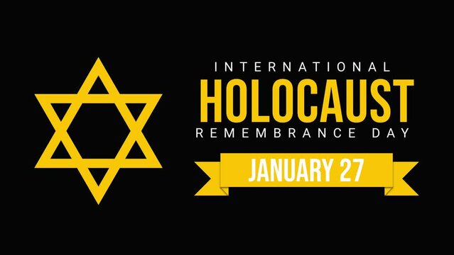 International Holocaust Remembrance Day on January 27 with Jewish badge on dark background. 4k typography animation