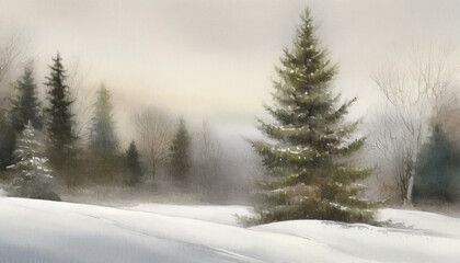 Fototapeta na wymiar Moody vintage mystic art nature watercolor landscape painting with forest, snow, mountains, trees, mist and winter wonderland woods. ai generated.