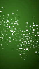 Falling snowflakes christmas background. Subtle flying snow flakes and stars on christmas green background. Beautifully falling snowflakes overlay. Vertical vector illustration.