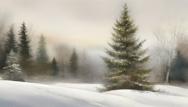 Moody vintage mystic art nature watercolor landscape painting with forest, snow, mountains, trees, mist and winter wonderland woods. ai generated.