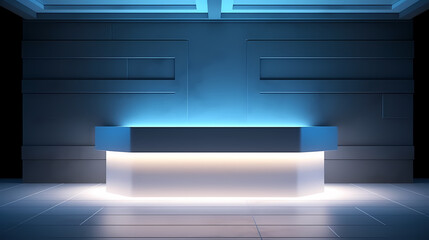 Fototapeta premium Beautiful futuristic background with modern podium, textured blue wall and neon backlight for presentation