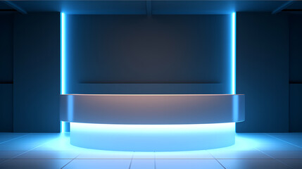 Beautiful futuristic background with modern podium, textured blue wall and neon backlight for presentation
