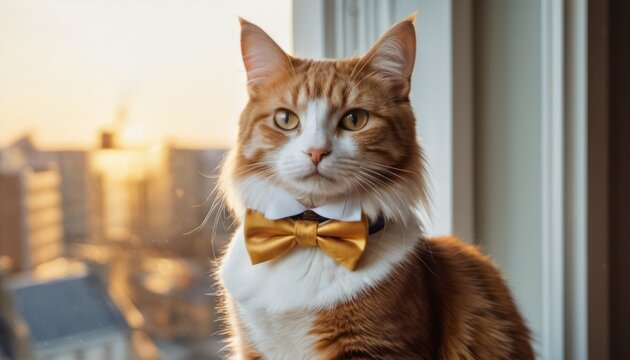  an orange and white cat wearing a bow tie looking out a window with a cityscape in the backgrouf of the picture and a building in the background.