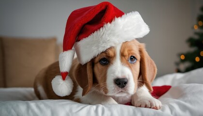  a brown and white dog laying on top of a bed with a santa hat on it's head and a red and white blanket on it's back.