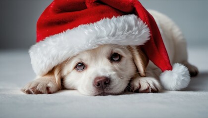  a close up of a dog wearing a santa hat on top of it's head with it's paws on the ground with it's front paws.