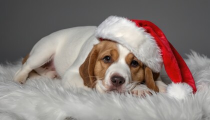  a brown and white dog wearing a santa hat on top of a fluffy white blanket on top of a fluffy white blanket on top of a fluffy white fur rug.