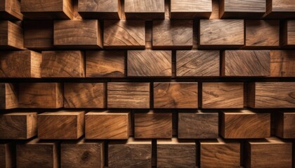  a close up of a wooden wall made out of squares and rectangles of different sizes and shapes, with a light shining on the top part of the wall.
