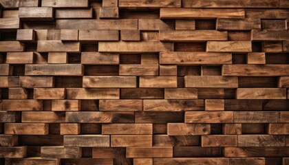  a close up of a wooden wall made out of blocks of different sizes and shapes, with a clock on the side of the wall and a clock on the side of the wall. - obrazy, fototapety, plakaty