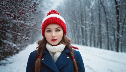  a woman wearing a red and white hat and a blue coat is standing in the snow with a red and white knitted hat and a white scarf around her neck.