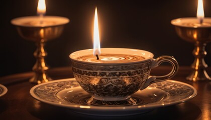 Obraz na płótnie Canvas a coffee cup sitting on top of a saucer with a lit candle in the middle of it on top of a saucer with a saucer on a table.