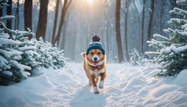  a brown and white dog wearing a blue hat running through the snow in a wooded area with snow on the ground and trees in the foreground, with the sun shining through the trees.