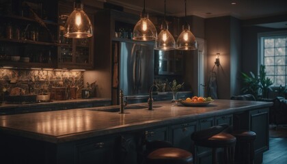  a kitchen island with a bowl of fruit sitting on top of it next to a bar with stools and lights hanging from the back of the cabinets above it.