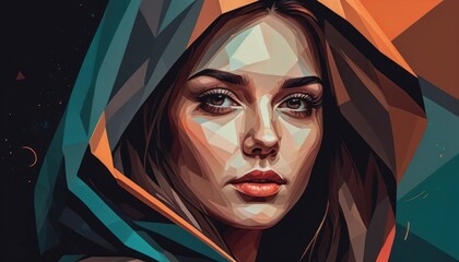  a digital painting of a woman wearing a hoodie and looking at the camera with a serious look on her face, with a colorful background of space and stars.