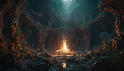  a cave with a fire in the middle of it and lots of rocks on the other side of the cave and a bright light in the middle of the cave.