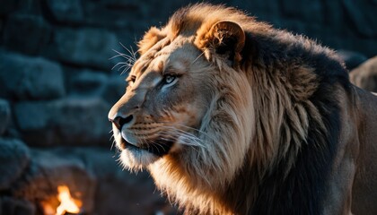  a close up of a lion in front of a stone wall with a bright light coming from the top of it's head and a bright light shining on its face. - Powered by Adobe