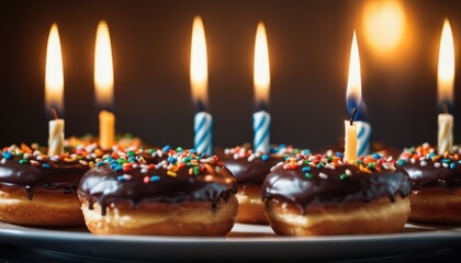  a bunch of doughnuts with candles sticking out of them on a plate with other doughnuts in front of them on a table with a dark background.