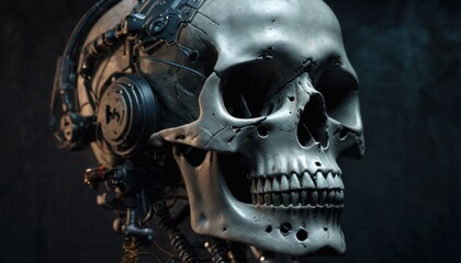  a close up of a skull with a clock on it's face and gears attached to it's head, with a steam engine visible in the background.