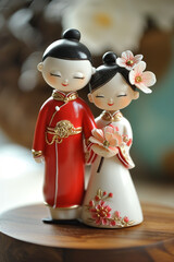 Obraz premium wedding cake topper figurines chinese bride and groom couple with blurred bokeh background