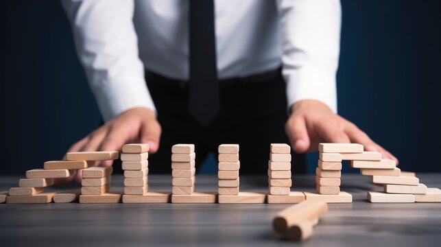Strategic Businessman Orchestrating Domino Pieces and Blocks in Organized Chaos: Leadership and Planning Concept. Taking control amid unstable circumstances. Dealing with risk.