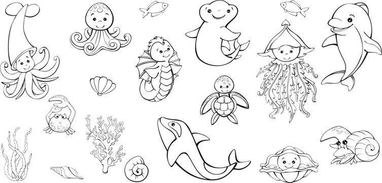 marine animals , vector monochrome drawing, cartoon style, for children's coloring books, and decor.