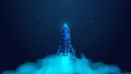 Rocket launch. Startup business growth concept. Low poly wireframe style technology blue background. - obrazy, fototapety, plakaty