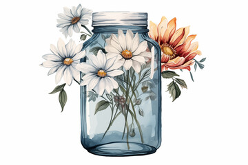 flowers in a glass jar with white background